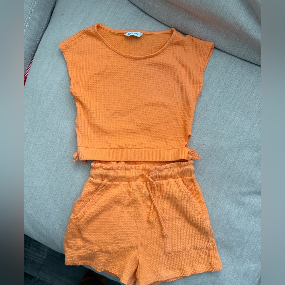Mayoral Girls Tangerine Waffle Knit Top & Shorts Matching Set